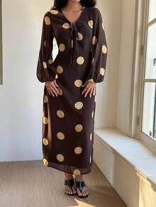 Livesso 女士波点印花系带灯笼袖修身优雅中长连衣裙 - 棕色 - 查看 4