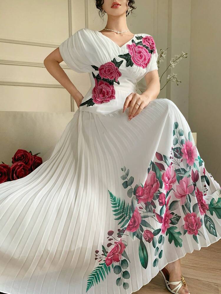 Spring & Summer White Floral Embroidery Decor Elegant Midi Dress, Fitted Silhouette, Flared Dress, Short Sleeve, Suitable For Valentine's Day, Wedding, Party, Formal Occasion Sundress
