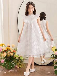 SHEIN 少女夏季时尚派对宴会刺绣网纱荷叶边宽松连衣裙 - 白色 - 查看 4