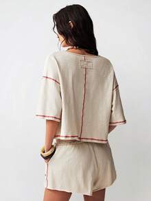 Bohemela Bộ 2 món áo và quần short dệt kim màu trơn dáng rộng dành cho nữ, kiểu dáng thường ngày. - Màu be - Xem 8