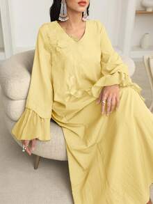 Al Najma 立体花卉V领时尚宽松长袖清新优雅女装 - 黃色 - 查看 8