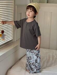 Dazy Kids Young Boy Tropical Print Short Sleeve Top And Pants Pajama Set Spring - Green - View 4