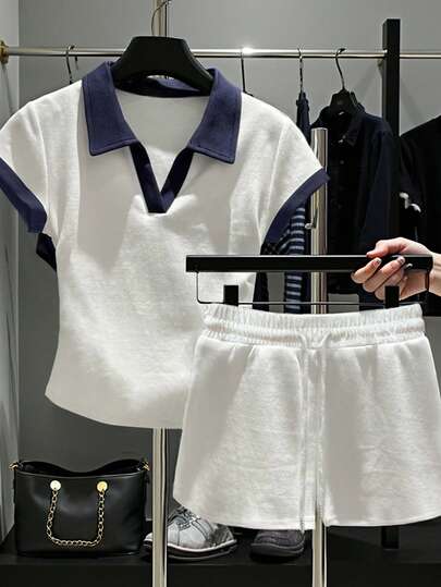 SHEIN Women's Contrast Color Collar Cap Sleeve T-Shirt And Drawstring Waist Shorts Casual 2-Piece Set
