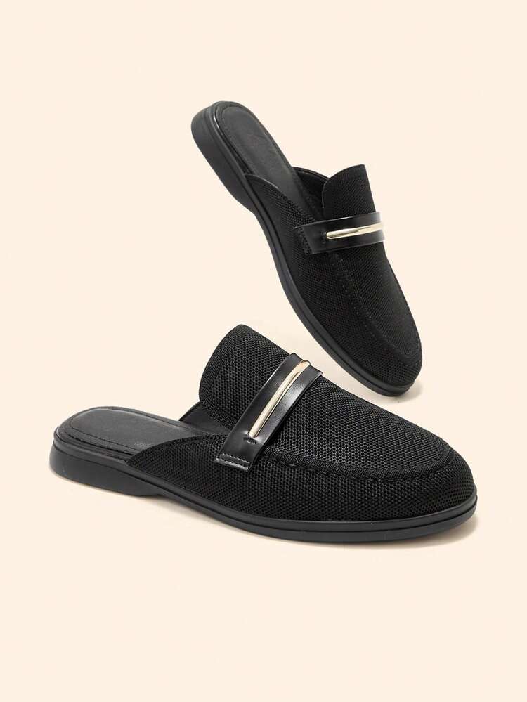 CUCCOO BASICS Women's Fashion Black Knit Fabric Comfortable Slip-On Mules, Flat Casual Loafers Suitable For Outdoor, Work, Daily Wear Valentine's Day