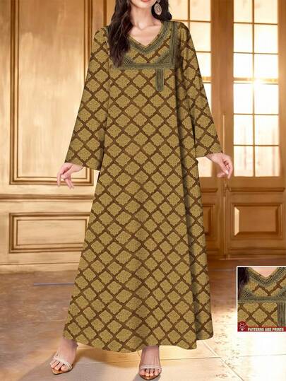 SHEIN Najma Plusstorlek damklänning med långärmad, elegant arabisk stil och vintage blommig geometrisk tryck, vår