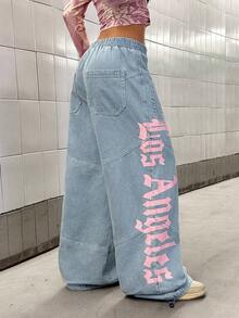 SHEIN HypeZone 女士粉色印花休闲牛仔裤 - 藍色 - 查看 2