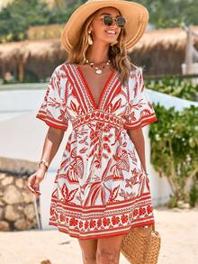 Swim Vcay Damen V-Ausschnitt tailliertes Kurzarm Kleid mit Muster, Strandüberwurf, Frühling/Sommer - Rot - Übersicht 4
