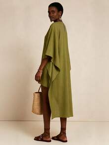 SHEIN Veneréa Women's Casual Vacation Minimalist Solid Mustard Green Round Neck Batwing Sleeve Loose Front Short Back Long Dress - Green - View 2