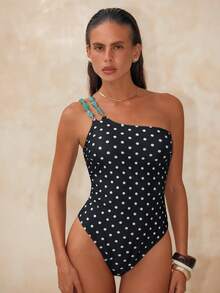 Swim Chiccia Baju Renang Terusan Motif Polkadot dengan Dekorasi Hijau Senada, Tren Musim Panas, Cocok untuk Liburan Pantai - Hitam - View 5