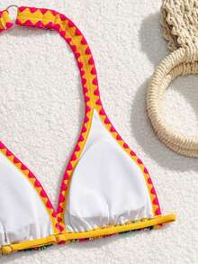 Tween Girl Colorful Floral Print Contrast Trim Halter Top & Shorts Swimsuit Set Tropical Bathing Suit Girls Tropical Print Bikini 2pcs Tween Girls Printed Swimwear Bikini Set Girls Hawaiian Girls Tropical Set Kids Bikini Set High Waist Girls Two Piece Bathing Tween Girls Tropical Print Bikini Summer Beach Tween Girl Swimsuit Two Piece - Multicolor - View 6