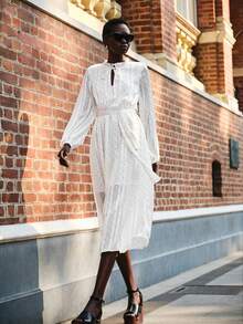 Lumivelle 女士春夏时尚长袖荷叶领收腰波点连衣裙 - 白色 - 查看 6