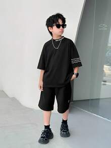 SHEIN Tween Boy Casual Korean Style Loose Fit Round Neck Half Turtleneck Short Sleeve Letter & Graphic Print T-Shirt, Suitable For Commute, School, Daily Casual Wear, Sports, Spring/Summer - Black - View 5