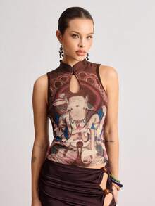 Grunge Punk 复古中国风佛像印花紧身女式背心 - 咖啡棕 - 查看 8