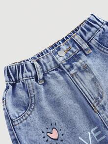 SHEIN Baby GirlCute Cartoon Deer Pattern Blue Denim Loose Pants - Medium Wash - View 3