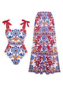 Swim Oasis 蝴蝶结肩带印花泳衣，带罩衫，性感连体比基尼，度假风 - 彩色 - 查看 3