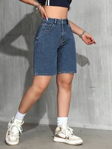 Jeanoix Bermudas de moda sin estiramiento de color azul para mujer de talla grande - Azul lavado oscuro - Ver 3