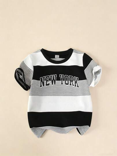 SHEIN Explorewe Classic Black & White Color Block City Themed Letter Print T-Shirt, Comfortable & Fashionable Loose Fit Streetwear Style Suitable For Daily Commute, Campus Life, Weekend Outings, Hangouts With Friends, Short Trips