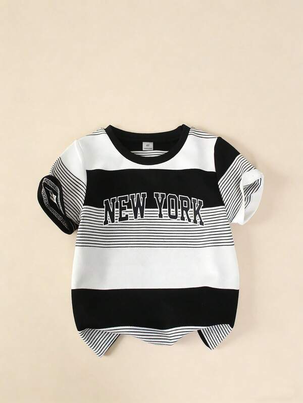 Casuvi Kids Classic Black & White Color Block City Themed Letter Print T-Shirt, Comfortable & Fashionable Loose Fit Streetwear Style Suitable For Daily Commute, Campus Life, Weekend Outings, Hangouts With Friends, Short Trips