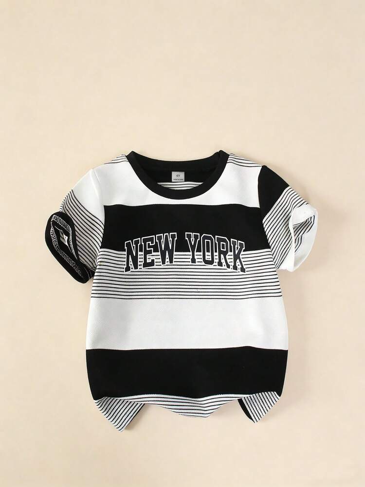 SHEIN Explorewe Classic Black & White Color Block City Themed Letter Print T-Shirt, Comfortable & Fashionable Loose Fit Streetwear Style Suitable For Daily Commute, Campus Life, Weekend Outings, Hangouts With Friends, Short Trips - Black and White - View 1