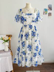 Soleia Đầm maxi cỡ lớn dành cho nữ, họa tiết hoa xanh trắng cổ điển, tay bồng, eo chun, thích hợp cho kỳ nghỉ hè, đi học, đi ăn trưa hoặc dự tiệc độc thân. - Xanh và trắng - Xem 2