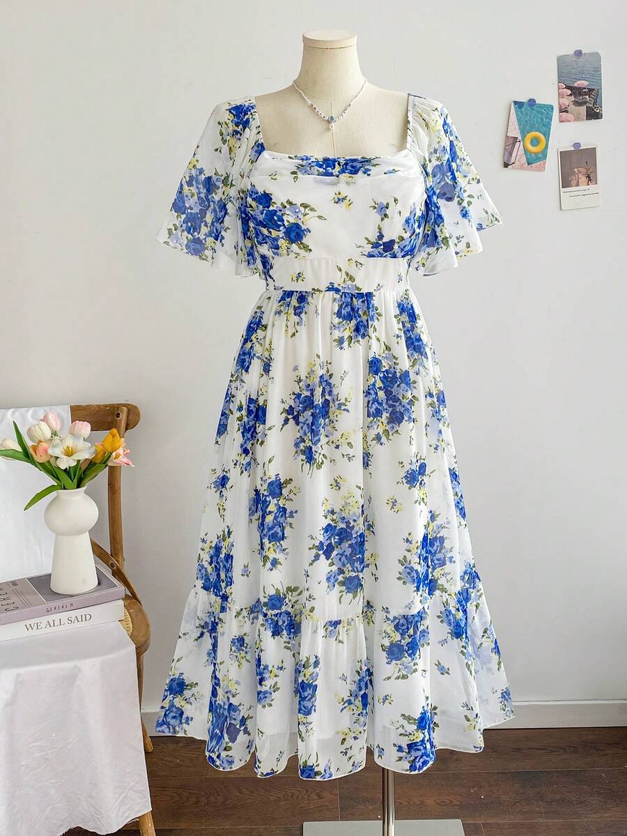 Soleia Đầm maxi cỡ lớn dành cho nữ, họa tiết hoa xanh trắng cổ điển, tay bồng, eo chun, thích hợp cho kỳ nghỉ hè, đi học, đi ăn trưa hoặc dự tiệc độc thân.