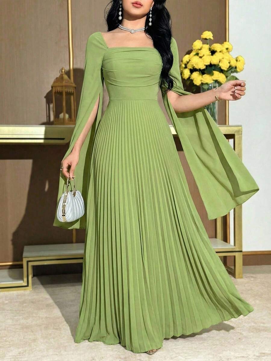 Modelyn 女士方领纯色褶裥开衩长袖优雅连衣裙