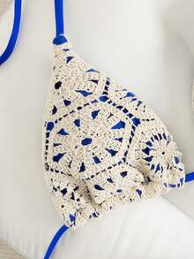 Swim Vcay Women's Lace Hollow Out Halter Neck Triangle Bikini Set With Tie String, Bohemian Style For Beach, Music Festival, Spring/Summer - Multicolor - View 3