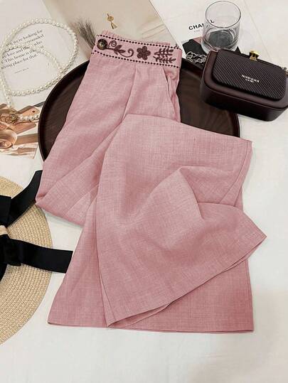 SHEIN Clasi 2025 Summer & Autumn New Vintage High-Waisted Loose Casual Embroidered Wide-Leg Pants, Elegant Relaxed Fit Trousers Suitable For Work, Casual, Commute, Vacation, Business, Holidays, Independence Day, Back To School, Wedding, Party, Music Festival, Oktoberfest, Halloween, Thanksgiving
