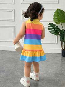 SHEIN Baby Girl Casual & Homewear Cute Rainbow Striped Button Front Ruffle Hem A-Line Dress T-Shirt Dress Polo Dress - Multicolor - View 2