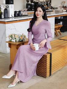 DAZY 女士两件套：优雅斜领衬衫和伞裙，专为春夏及情人节商务休闲场合设计。 - 紫色 - 查看 7