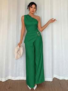 Rafferiza 2pcs Women's Asymmetric Shoulder Elegant Commuting & Casual Set - Green - View 6