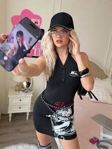 The Winx x SHEIN Women's Casual Street Chic Letter & Cartoon Figure Graphic Half-Button Open Back Fitted Halter Dress, Summer - Black - View 6