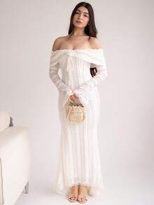 Andrea Bello Tea Break Outfit Sweet And Elegant Dress Off-Shoulder Long-Sleeved Dress Date Outfit 3D Floral Dress - White - View 2