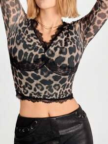 SHEIN EZwear 女式蕾丝拼接 V 领长袖豹纹修身 T 恤，秋季 - 卡其色 - 查看 6