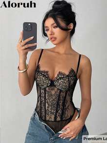 Aloruh 女士性感透视蕾丝吊带背心 - 黑色 - 查看 6