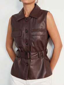 Aveloria Modichic Chaqueta de chaleco de cuero con diseño de moda, corte ajustado a la cintura, sin mangas y de solapa casual - Burdeos - Ver 1