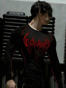 RISE LYT 男士哥特字母印花插肩长袖运动T恤 - 黑色 - 查看 3