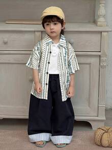 Dazy Kids 男童休闲度假风花卉条纹宽松衬衫，夏季 - 綠色 - 查看 6