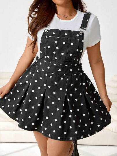 Solflare 大码女式波点图案口袋褶裥下摆吊带牛仔连衣裙