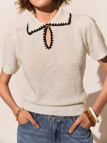 Poéselle New Spring/Autumn Korean Style Commuting Chic Butterfly Metal Buckle Women Knit Top - Black and White - View 7