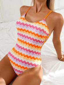 Swim Vcay 1pc Women's One-Piece Swimsuit With Wave Print, Backless & Ruched Design, Fashionable Casual Swimwear For Spring, Summer, Autumn & Winter - Multicolor - View 3