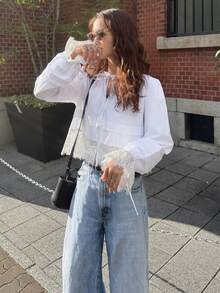 FRIFUL Women's Solid Color Contrast Lace Loose Casual Versatile Shirt With Drawstring Collar And Ruched Cuffs, Suitable For Spring - White - View 1