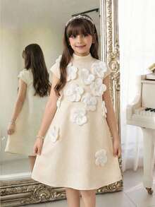 SHEIN Tween Girl Elegant Beige Summer Wedding Guest Dress, Cute 3D Floral Decor A-Line Short Sleeve Solid Color Tween Girl Dress For Back To School, Champagne - Apricot - View 5
