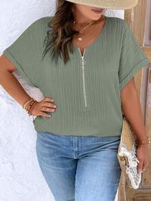 EMERY ROSE Plus Size Women's Solid Color Simple Daily Short Sleeve Shirt For New Year Clothes - Army Green - View 6