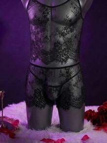 WENEZON Men Lace Camisole, Shorts And Thong Sexy Lingerie Set - Black - View 2