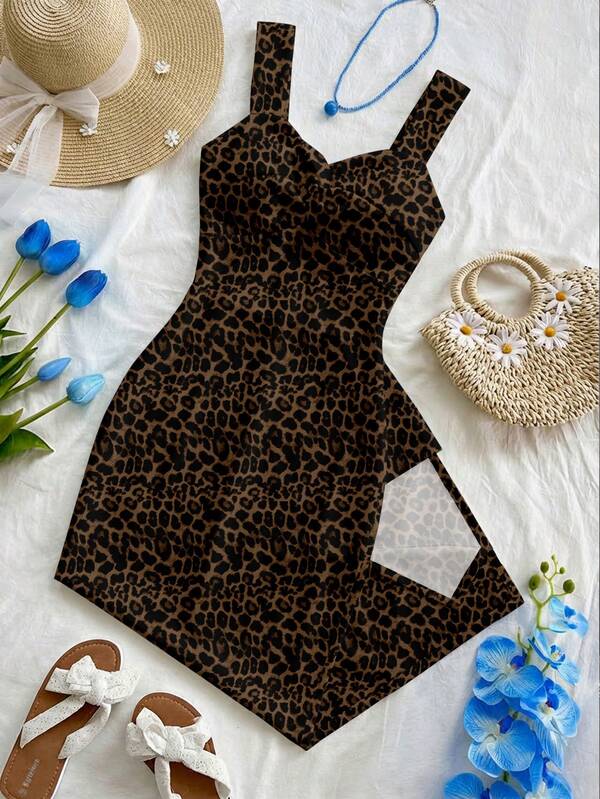 Soleia Vestido midi sin mangas con estampado de leopardo y patrón elegante retro, adecuado para salidas, vacaciones, bodas, fiestas y cumpleaños