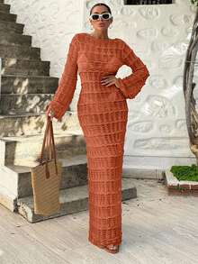 EURMUSE Vacation Beach Solid Color Hollow Out Knit Dress - Camel - View 5