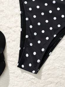 Swim Chiccia Baju Renang Terusan Motif Polkadot dengan Dekorasi Hijau Senada, Tren Musim Panas, Cocok untuk Liburan Pantai - Hitam - View 8