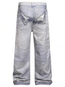 Manfinity Roughcore Quần jeans ống đứng dáng rộng in 3D sang trọng dành cho nam giới, phong cách thường ngày. - Rửa nhẹ - Xem 2