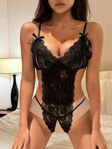 DAZY 蝴蝶结装饰蕾丝透视镂空性感吊带连体衣外出 - 黑色 - 查看 5